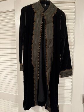 Black Velvet Long Coat with Ornate Gold-Tone Trim